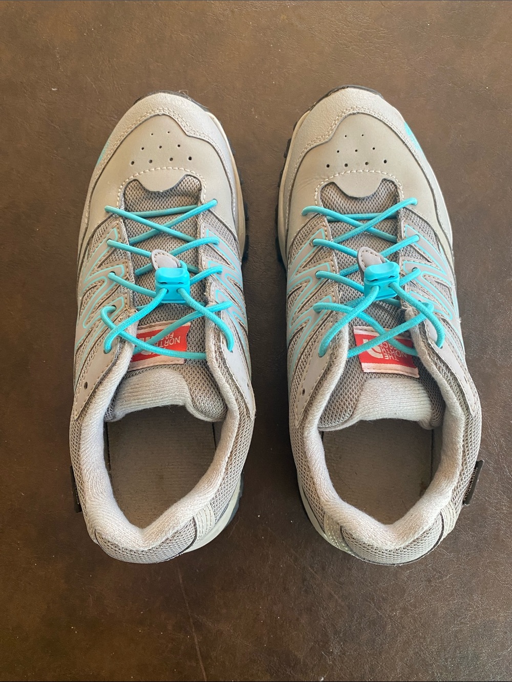 The North Face Gray Sneakers with Aqua Blue Bungee Laces